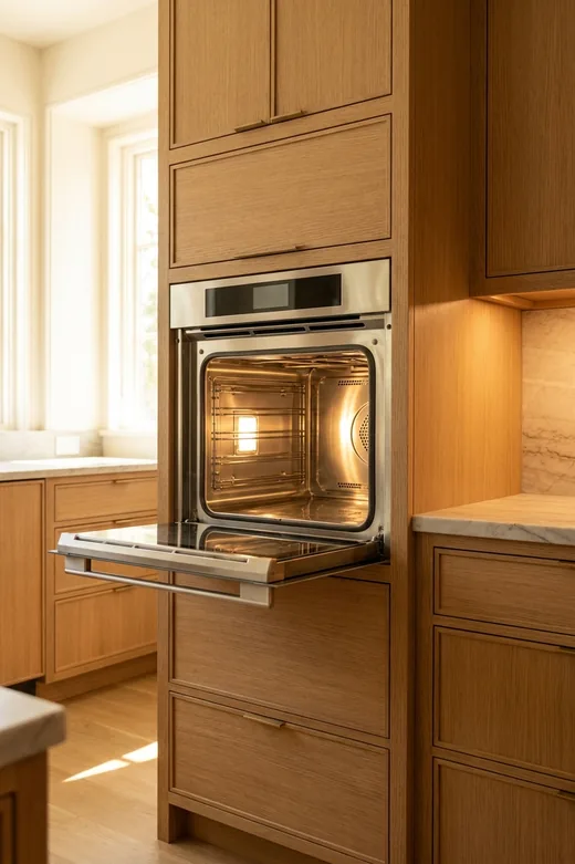 Miele steam oven open and lit, water reservoir drawn forward